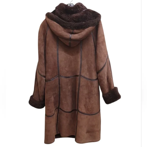 Vintage Brown Suede Shearling Coat With Removable Hood Size Medium - Picture 2 of 11